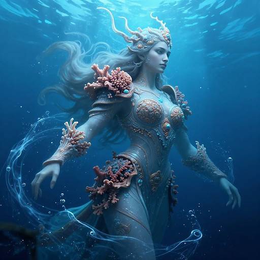 Digital artwork of an underwater mermaid with flowing blue hair, wearing ornate armor adorned with coral, and a crown, surrounded by bubbles and light rays