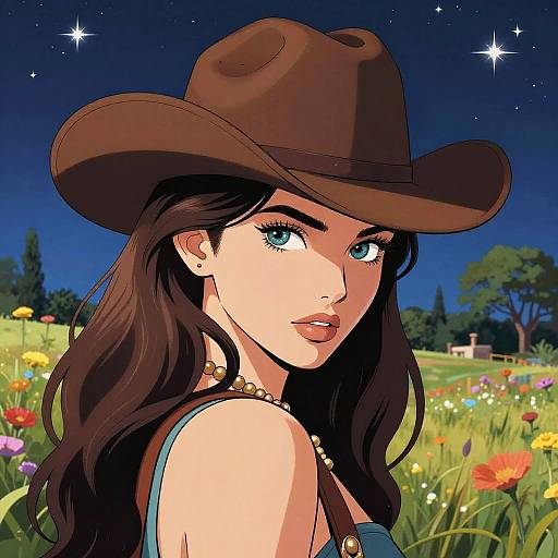 Digital illustration of a beautiful woman with long dark hair, blue eyes, and wearing a brown cowboy hat in a vibrant, starlit meadow filled with