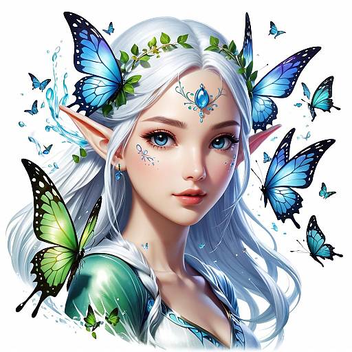 Digital artwork of a white-haired, blue-eyed elf with pointed ears, adorned with a blue gem headpiece, surrounded by vibrant blue and green butterflies.