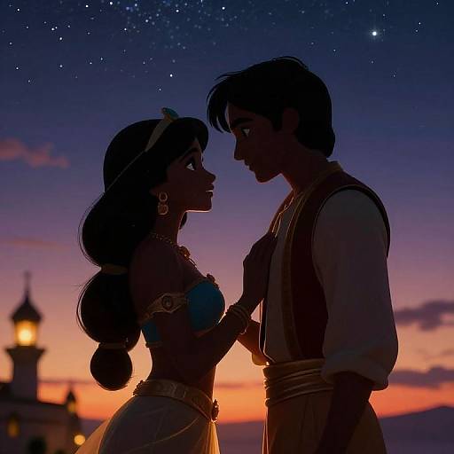 Silhouetted Disney couple against a starry twilight sky, wearing medieval attire, with a castle in the blurred background. Romantic, magical evening.