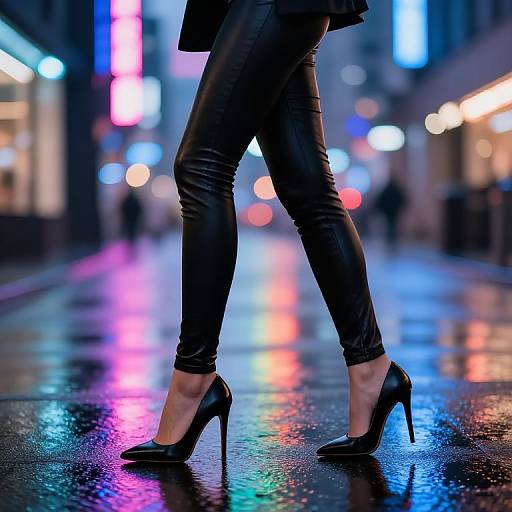 Nighttime city street photograph of a woman in black leather pants and high heels, reflecting colorful neon lights on a wet pavement.