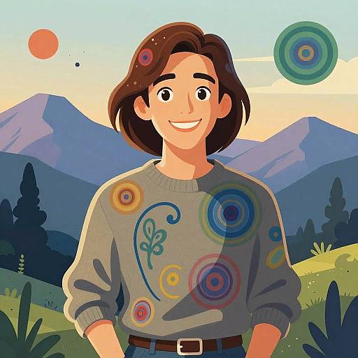 Digital illustration of a smiling woman with brown hair, wearing a gray sweater with colorful circular patterns, standing in a mountainous, sunset landscape with floating circles