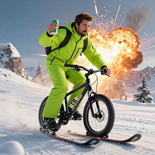 Photorealistic image of a bearded man in neon yellow snowsuit, riding a mountain bike on snowy terrain, holding a soda can, with a