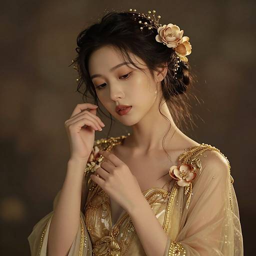Ethereal Woman in Golden Floral Splendor