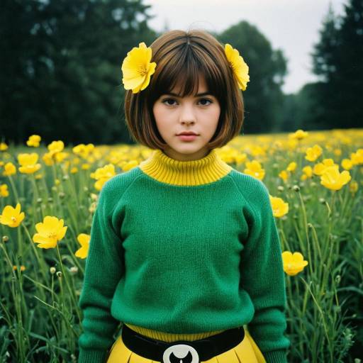 Young woman in green sweater with yellow flowers