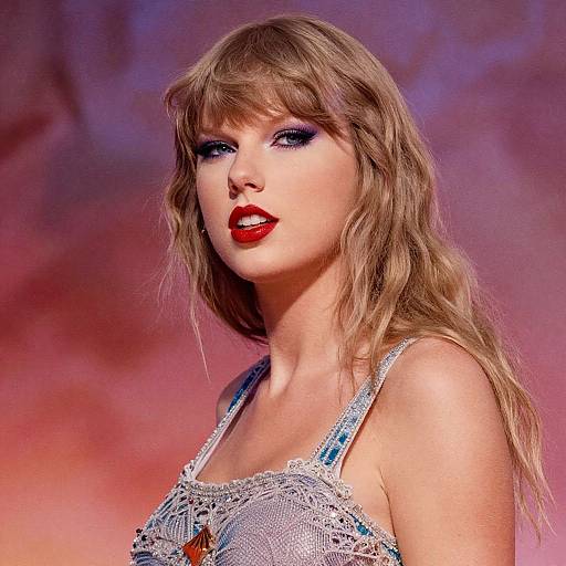 Photograph of Taylor Swift with wavy blonde hair, red lipstick, and sparkling silver top against a vibrant pink and purple backdrop.