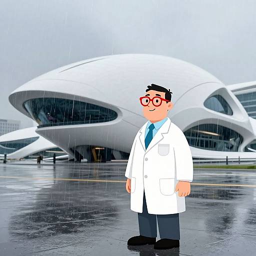 Cartoon scientist with black hair, red glasses, white lab coat, blue tie, and black pants stands in front of a futuristic white building in rainy