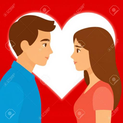 Digital drawing of a man and woman facing each other, framed by a white heart on a red background, both wearing blue and pink shirts.