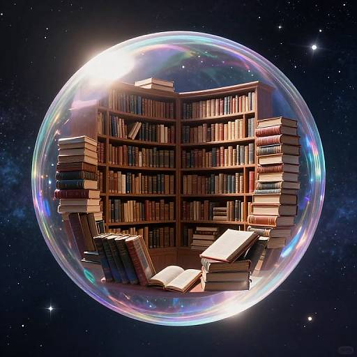 Digital artwork of a glowing, iridescent bubble containing a wooden bookshelf filled with books, two open books, and stacked books, floating in a