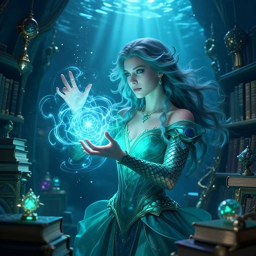 Digital fantasy artwork: A silver-haired woman in glowing blue magic dress holds an ethereal blue orb in a dimly lit, book-filled library.