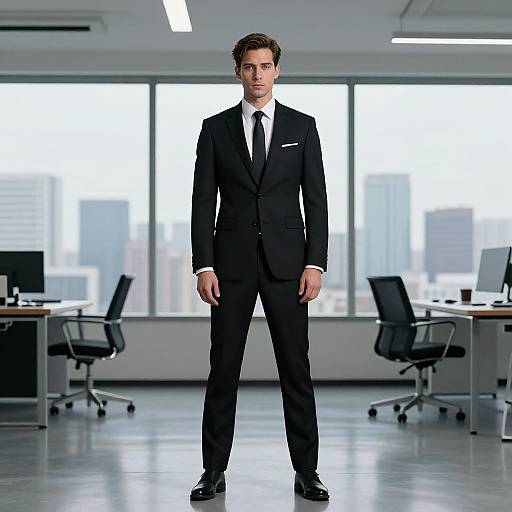 Photograph of a serious, handsome man in a black suit, white shirt, and black tie standing in a modern, sunlit office with large windows
