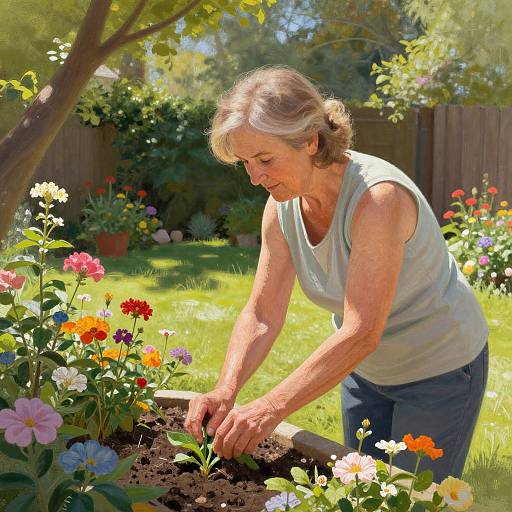 Photograph of an elderly woman with gray hair, wearing a sleeveless light blue top, tending a vibrant flower garden on a sunny day.