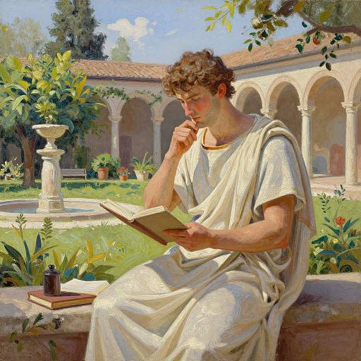 Classical-style painting of a young man with curly brown hair, in a white toga, reading a book in a sunny garden courtyard with arches