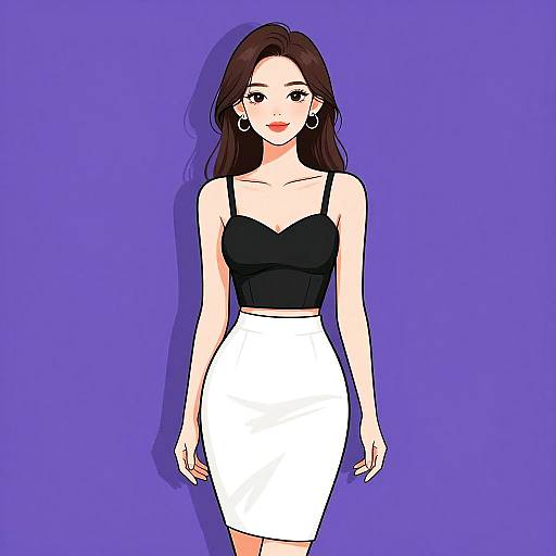Digital anime-style drawing of a fair-skinned woman with long brown hair, wearing a black strapless top and white high-waisted skirt, against