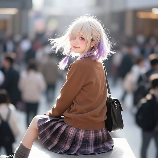 Digital anime-style drawing of a blonde girl with purple-tinted hair, brown sweater, plaid skirt, black backpack, sitting in a bright,