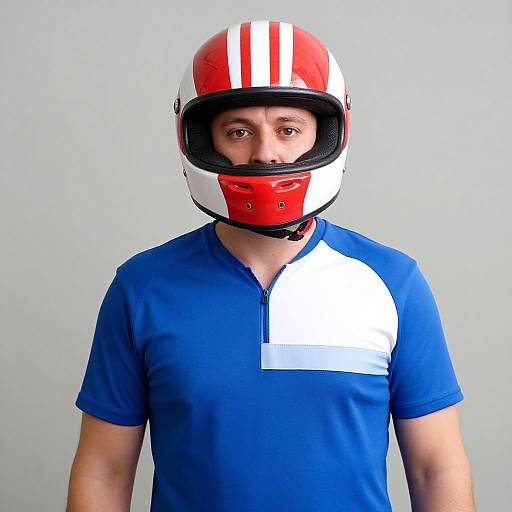 Photograph of a man with medium brown skin, wearing a red and white striped helmet and blue shirt with white patch.