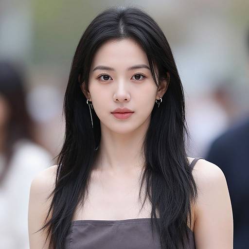 Photograph of an East Asian woman with long black hair, fair skin, wearing a sleeveless brown top, and silver hoop earrings, standing in a