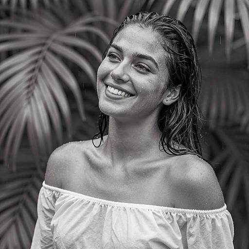Smiling Woman in Rain with Off-Shoulder Top