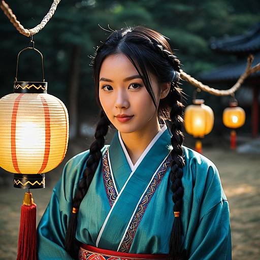 Young Woman in Traditional Korean Costume with Lantern