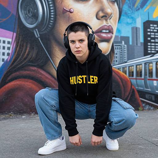 Photograph of a young woman with short black hair, wearing headphones, black 