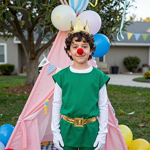 Photograph of a curly-haired boy with a red nose, gold crown, green tunic, white shirt, and gold belt, standing in front of