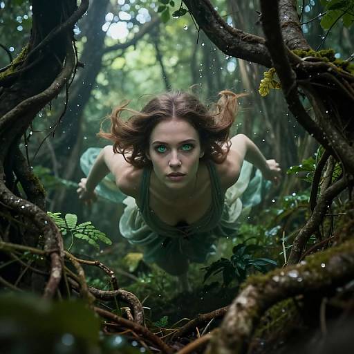 Digital fantasy artwork: A fierce, green-eyed woman with flowing brown hair, wearing a green dress, crouches in a dense, misty forest