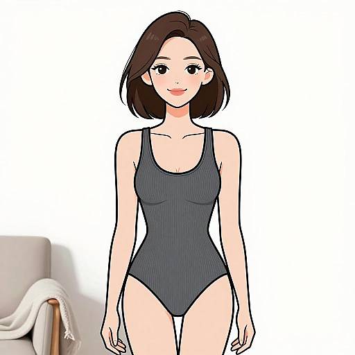 Anime-style digital drawing of a fair-skinned woman with short brown hair, wearing a dark gray, ribbed one-piece swimsuit, standing against a