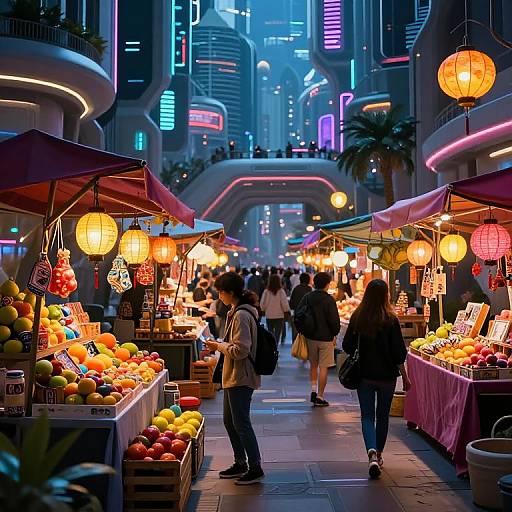 Neon-lit night market with colorful stalls, hanging lanterns, and bustling crowd in futuristic cityscape. Vibrant fruits, signs, and illuminated