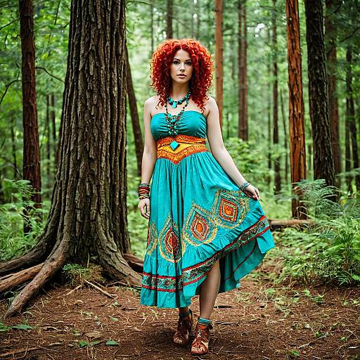 Woman in Bohemian Dress in Forest