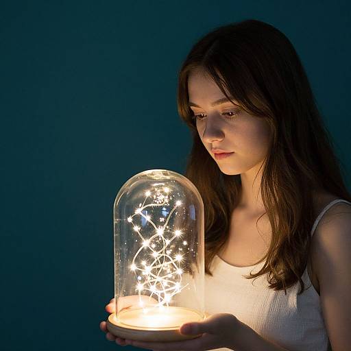 Photograph of a young woman with long dark hair, wearing a white tank top, gently holding a glowing, illuminated glass dome with star-shaped lights against