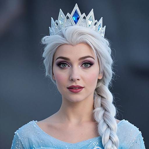 Photograph of a fair-skinned woman with white hair in a braid, wearing a sparkling silver tiara and blue sequined dress, against a