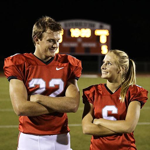 Nighttime Football Duo: Athletes in Action