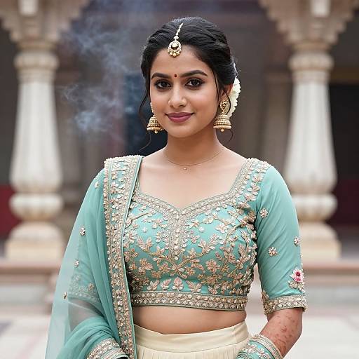 Photograph of a beautiful Indian woman in traditional teal and gold embroidered saree and blouse, with black hair, jewelry, and a serene smile, standing
