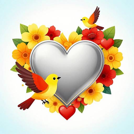 Digital illustration of two vibrant yellow and red birds with brown wings around a silver heart, surrounded by yellow and red flowers and green leaves.
