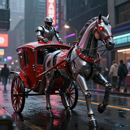 Photorealistic CGI of a metallic, red-lit horse-drawn carriage with a knight in armor riding through a rainy, neon-lit city street