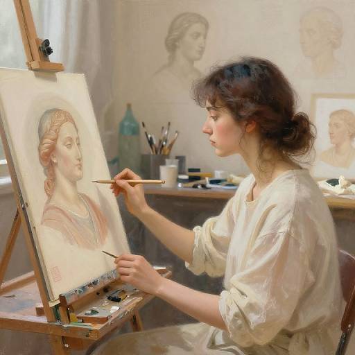 A young woman with curly brown hair, wearing a white blouse, paints a detailed portrait of a woman on an easel in a bright, sunlit