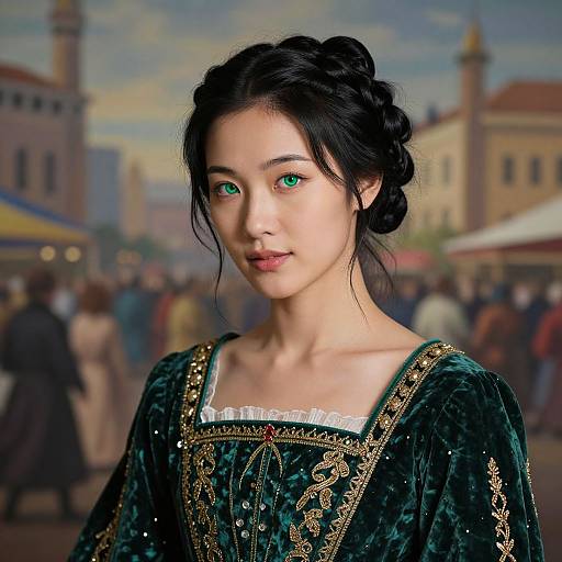 Photograph of an East Asian woman with green eyes, wearing an ornate green velvet dress, standing in a bustling, medieval-style town square with blurred