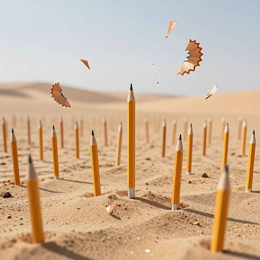 Surreal Desert of Floating Pencils