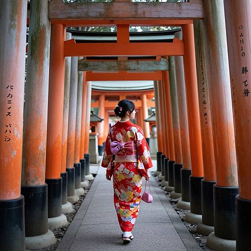 Woman in Red Kimono at Torii Gates