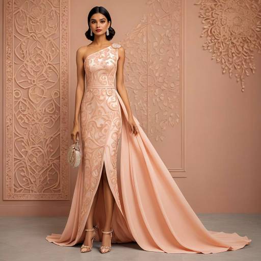 Elegant Woman in Peach Evening Gown