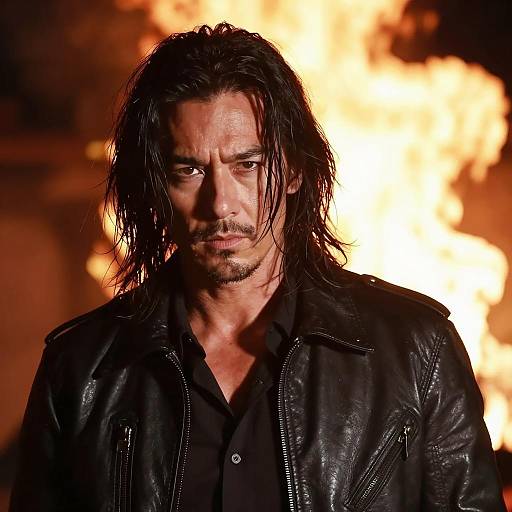 Intense Man in Black Leather Jacket with Fiery Background