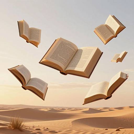 Photograph of five open books floating in a desert at sunset, with golden sand dunes and a clear sky in the background.