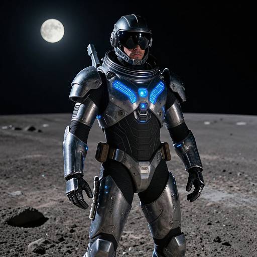 Photograph of a futuristic astronaut in silver armor with blue LED accents, standing on a moonlit, rocky surface, full moon in the dark sky.