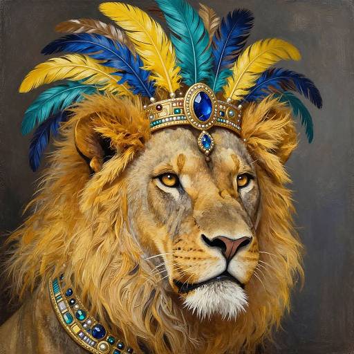 Digital painting of a regal lion with a golden mane, adorned with a colorful feathered crown and blue gemstone necklace, set against a dark background