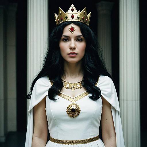 Digital illustration of a fair-skinned woman with long black hair, wearing a gold crown, white gown with gold accents, and ornate necklace, standing