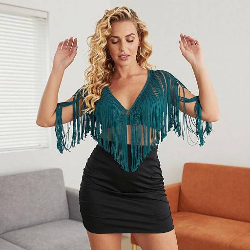 Blonde Woman in Sheer Teal Top