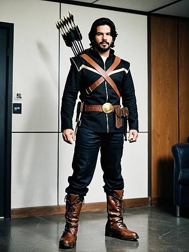 Man in Black Arrow Costume with Quiver and Boots