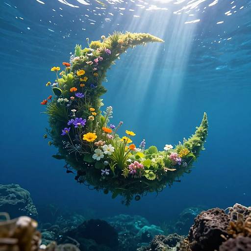Photograph of a vibrant, underwater floral crescent shaped arrangement with yellow, orange, purple, and white flowers, illuminated by sunlight, floating above a