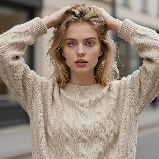 Young Blonde Woman in Beige Cable Knit Sweater