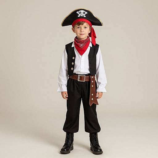 Photograph of a young boy dressed as a pirate, wearing a black tricorn hat, red bandana, white shirt, black vest, and pants